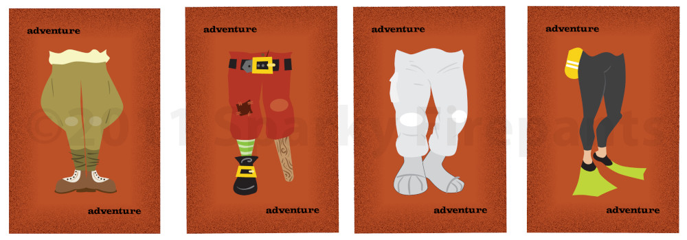 Four illustrated cards on blue background showing the adventure pants set