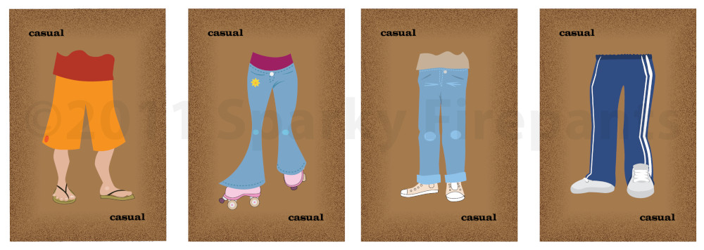 Four illustrated cards on blue background showing the casual pants set