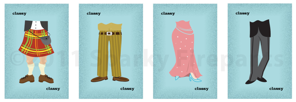 Four illustrated cards on blue background showing the classy pants set