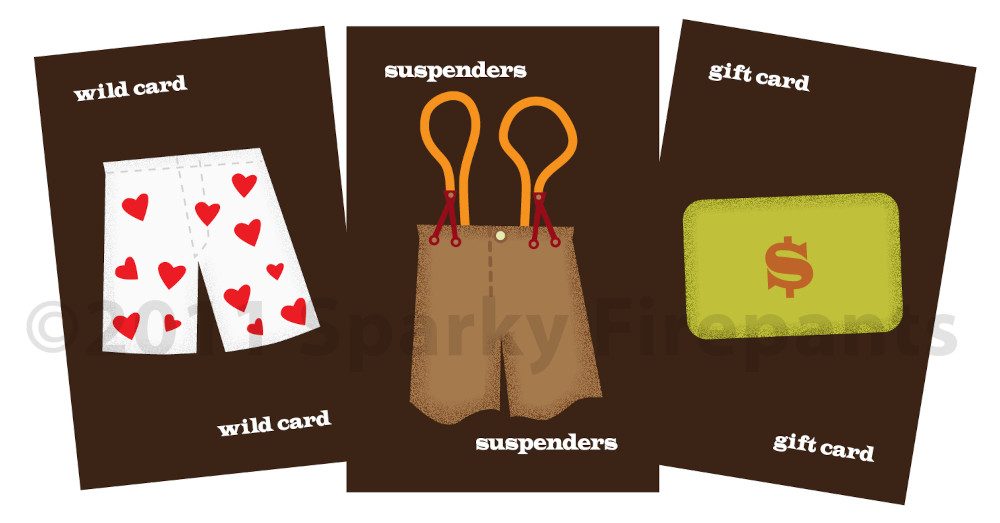 Three illustrated cards on dark backgrounds; underwear, suspenders, and gift card