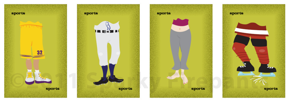 Four illustrated cards on blue background showing the sports pants set